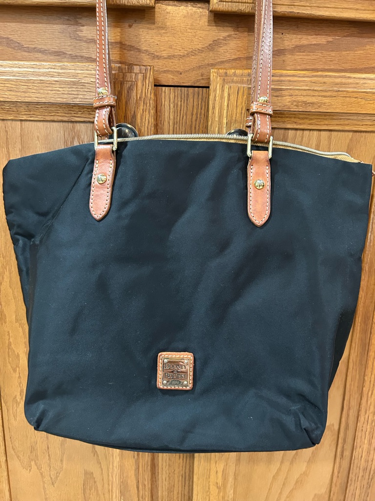 Dooney & Bourke Black Nylon Tote With Brown Leather Logo Patch